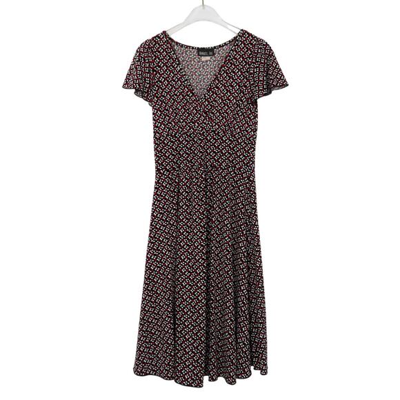 90s Donutz Inc Black Red Polka Dot V-Neck Short Sleeve Casual Midi Dress Medium - Picture 1 of 5